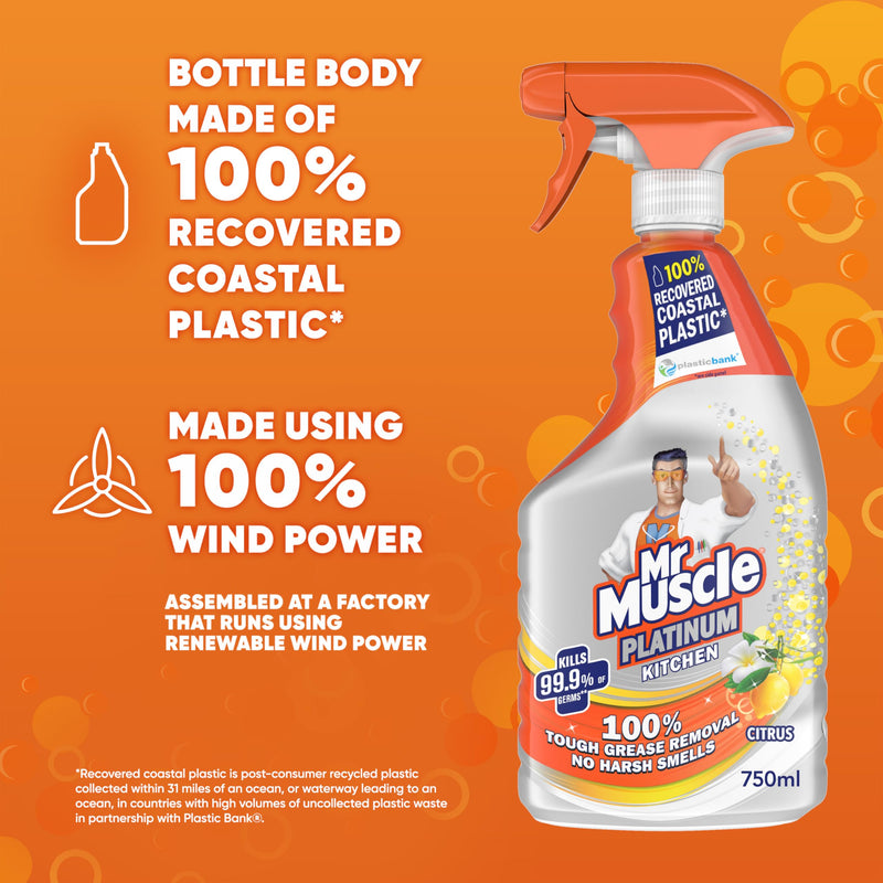 Mr Muscle Kitchen Cleaner, Platinum Antibacterial Kitchen Spray, Citrus, Pack of 6 (6 x 750 ml)