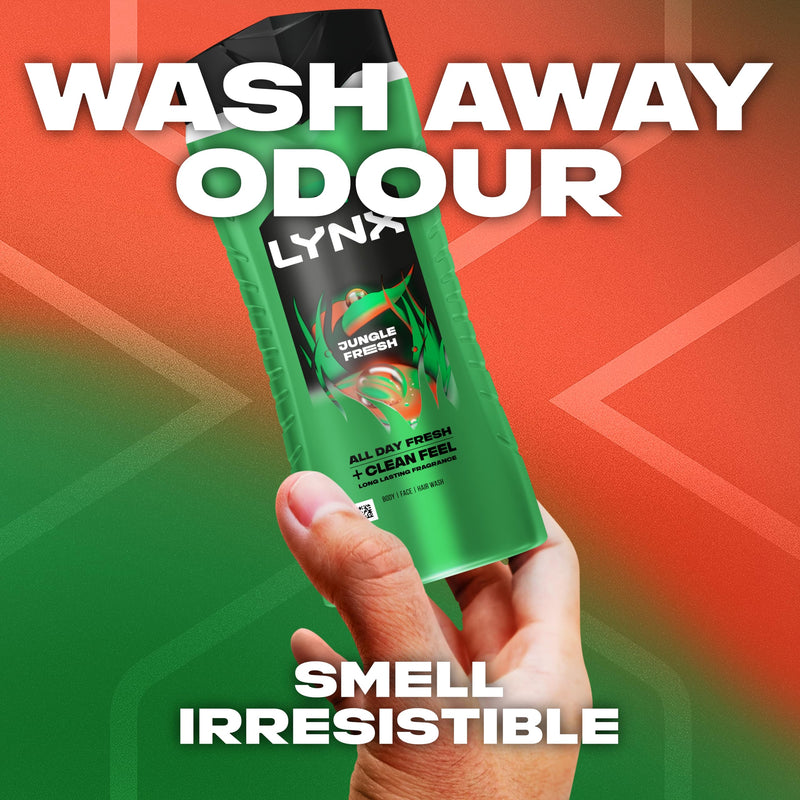 Lynx Jungle Fresh 3-in-1 Body Wash Hair, Face and Body Cleanser shower gel with a palm leaf & amber scent for an all day fresh & clean feel 6x 500 ml