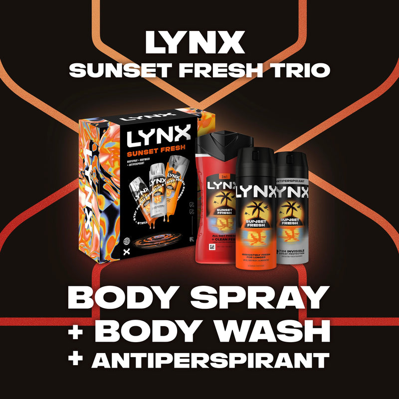 Lynx Sunset Fresh Trio Gift Set with a body spray, a body wash and an anti-perspirant perfect for any occasion 3 piece