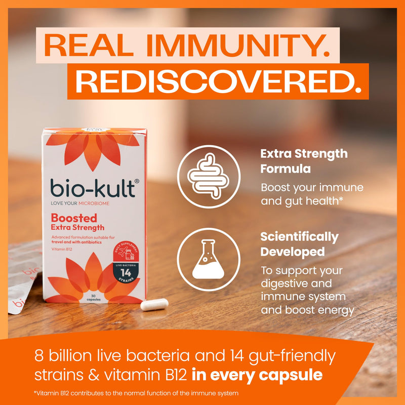 Bio-Kult Boosted, 4X Concentration of Original Bio-Kult Probiotic + Vitamin B12 for Immune System Support, 30 Capsules