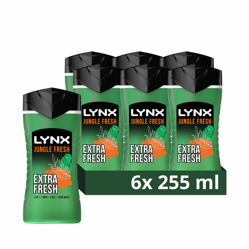 Lynx Jungle Fresh 3-in-1 Body Wash Hair, Face and Body Cleanser shower gel with a palm leaf & amber scent for an all day fresh & clean feel 6x 225 ml