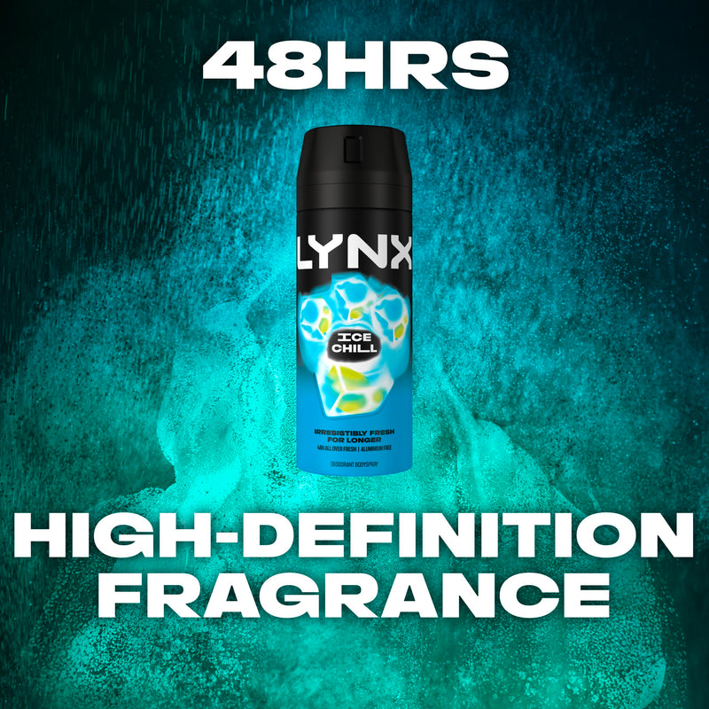 Lynx Ice Chill Aerosol Body Spray Men's Deodorant Spray with an iced mint & lemon scent for 48 hours of odour-busting, high definition fragrance 6x 150 ml