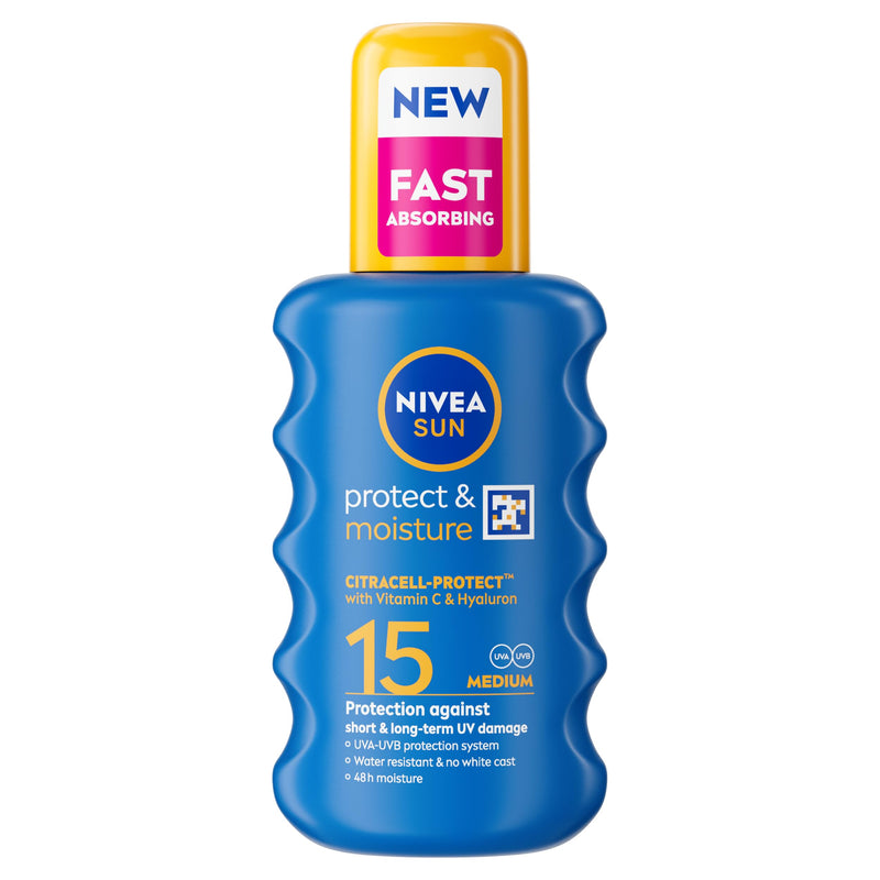 NIVEA SUN Protect & Moisture Sun Spray SPF 15 Moisturising Suncream Spray with SPF 15 Highly Effective Sunscreen Providing Immediate Effective UVA + UVB Protection