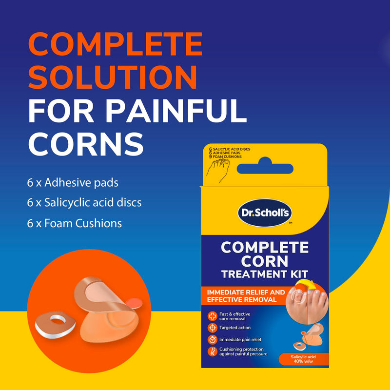 Scholl Complete Corn Removal Treatment Kit, 1 Pack - Medicated Action with Salicylic Acid, Includes 6 Pads, 6 Medicated Discs, and 9 Cushions for Effective Corn Removal
