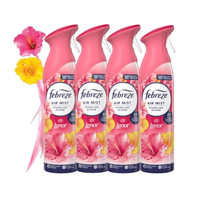 Febreze Air Freshener Spray LENOR SPARKLING BLOOM 185ml x 4 | Odour Eliminator with OdourClear Technology | Non-Flammable, Long-Lasting Room Freshener, Exotic Fruity Fragrance