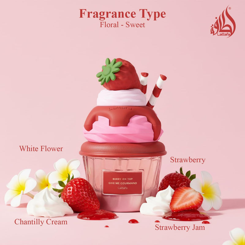 Lattafa Berry On Top Eau de Parfum, Give Me Gourmand Collection - Fruity Berry & Vanilla Cream Scent, Spray Form, Unisex Perfume 75ml