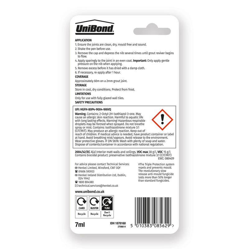 Unibond Grout Reviver Pen, White Grout Pen for Bathroom Grout Joints, Easy to Use Tile Grout Pen, Whitener for Restoring Discoloured & Faded Joints, 1x7ml