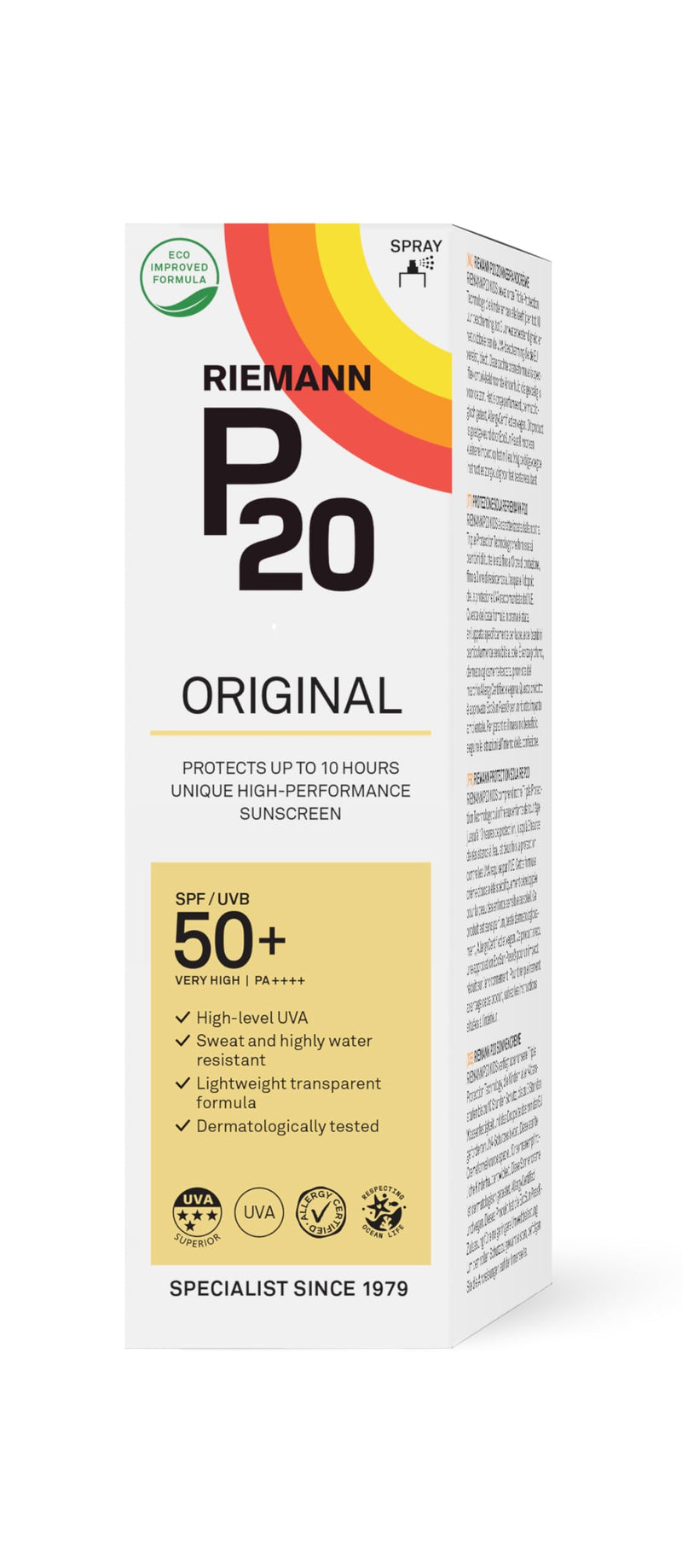 Riemann P20 Original SPF50 + Spray 85 ml, Advanced Sunscreen Protection, High Performance Triple Protection + Sweat Resistance, Durable Protects Up to 10 Hours