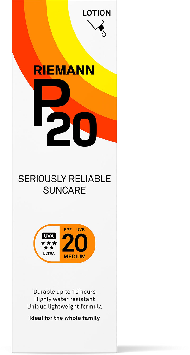 Riemann P20 Once a day Sunscreen SPF20 Cream/Lotion 100ml. Non greasy, hydrating, absorbs fast & long lasting, 5 star UVA & UVB, protection up to 10hrs, water resistant. No fragrance, all day long.