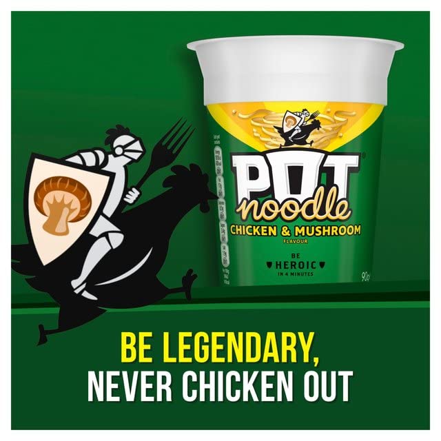 Chicken & Mushroom Pot Noodle Multipack - Pack of 12 x 90g Instant Pot Noodles with Topline Card. Chicken Soup Snack Pots Bulk Buy for Camping Food, Picnics or School Holidays.