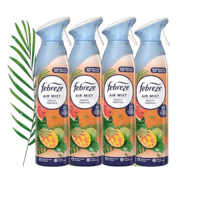 Febreze Air Freshener Spray FRUITY TROPICS 185ml x 4 | Odour Eliminator with OdourClear Technology | Non-Flammable, Long-Lasting Room Freshener, Exotic Fruity Fragrance