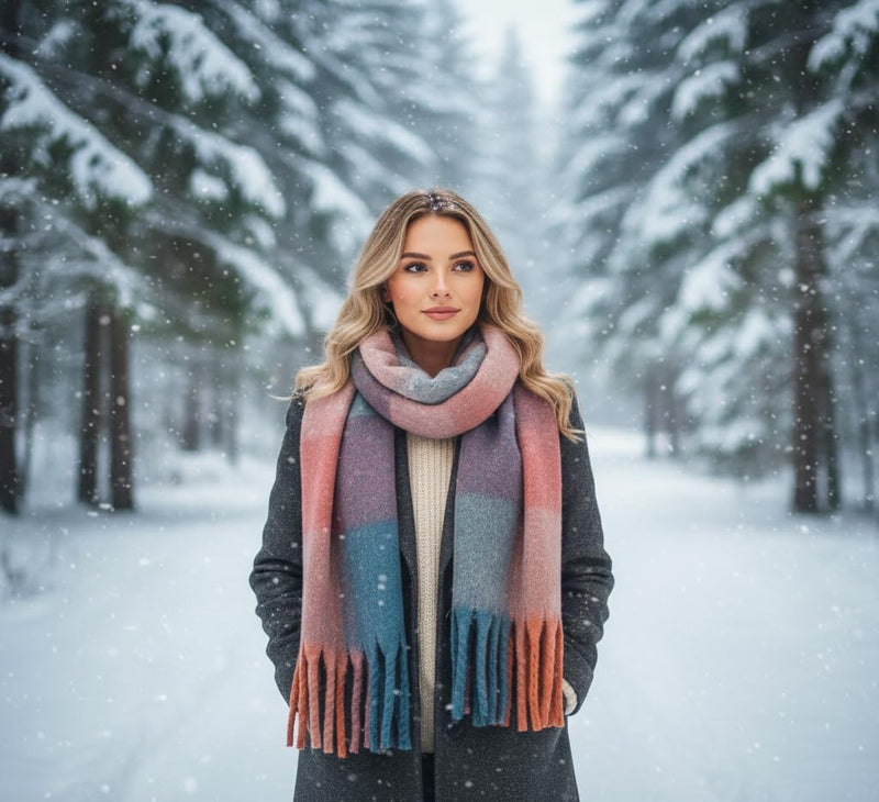 Big Brands Direct Premium Quality Women’s Furry Soft Rainbow Scarf Oversized Warm Winter Shawl with Multicolour Checks Ultra Cozy, Lightweight & Stylish Cold-Weather Wrap for Ladies