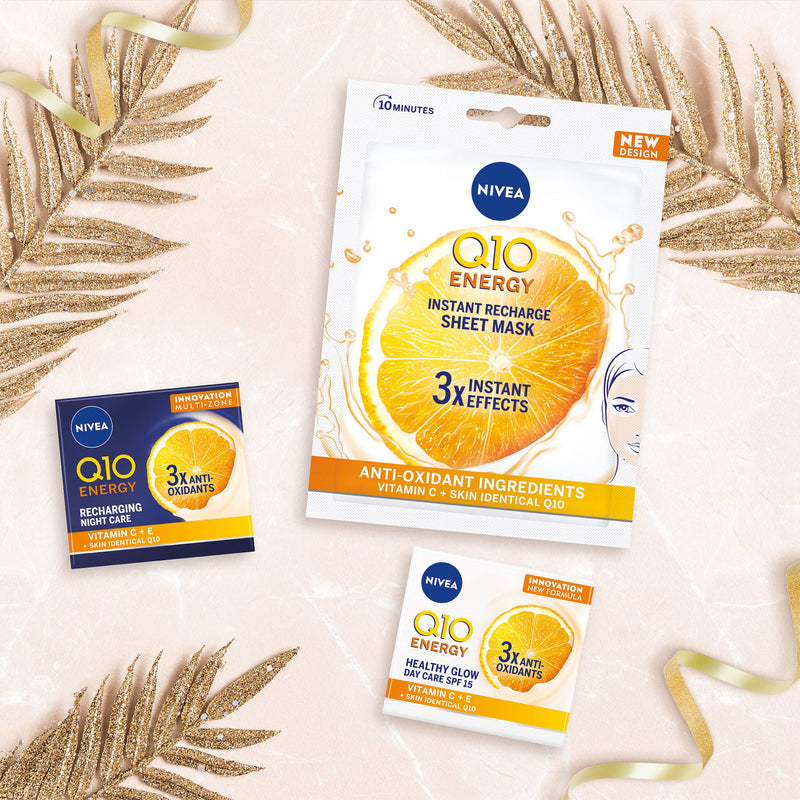 NIVEA Glowing & Radiant Gift Set (3 Pieces), NIVEA Gift Set Includes 100% Skin Identical Q10 Enriched Day Cream, Night Cream, and Face Sheet Mask, Gifts for Women