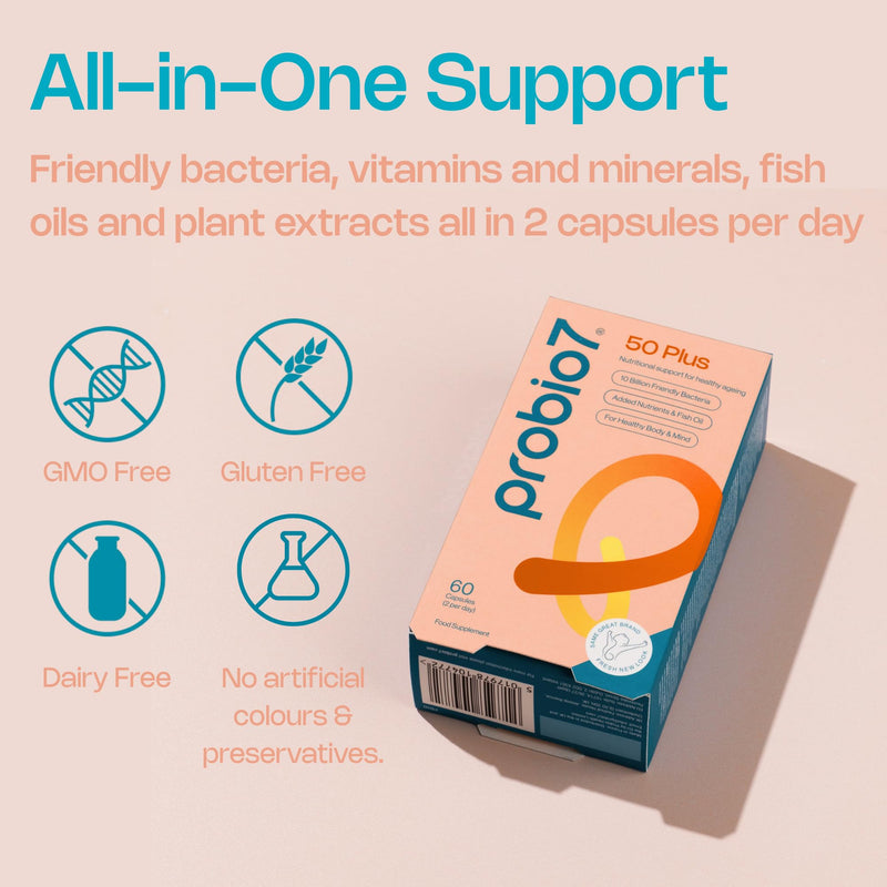 Probio7 50 Plus Probiotics for Men & Women. Multivitamin Tablets with Vitamin D, C, B12, Zinc & Ginkgo Biloba, Immune System Booster & Gut Health Support. Multivitamin Tablets for 50 Plus, 60 Capsules