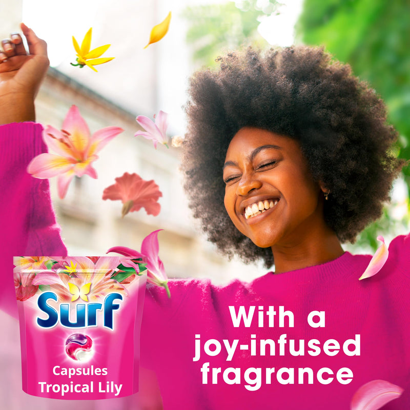Surf 3 in 1 Tropical Lily Laundry Washing Detergent Capsules joy-infused fragrance with natural essential oils lasting up to 12 hours in wear for brilliantly clean results 51 washes