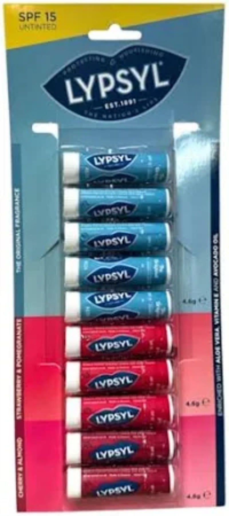 Lypsyl UnTinted Lip Balm Stick 10-Pack – SPF15 – 5x Original, 3x Strawberry & Pomegranate, 2x Cherry & Almond – Moisturizing Lip Care