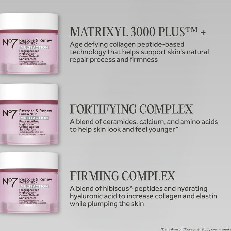 No7 Restore & Renew Multi Action Face & Neck Night Cream - Collagen Peptide Anti Aging Face Cream - Hydrating Hyaluronic Acid + Skin Firming Fragrance Free (50ml)