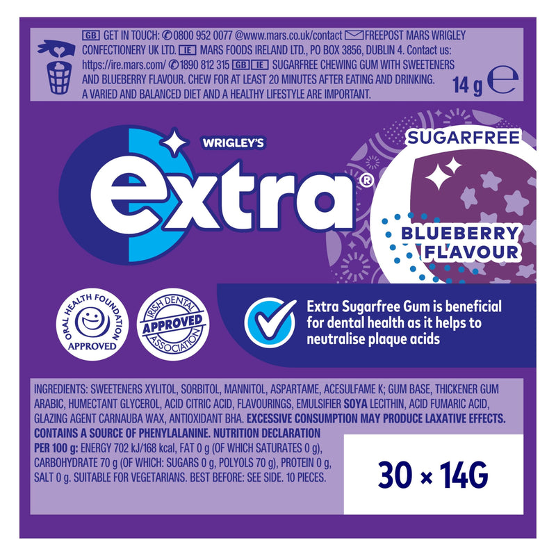 Extra Blueberry Flavour Sugar Free Chewing Gum 10 pieces (1 x30x36 Packs)