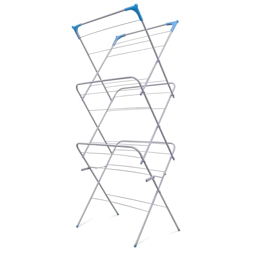 3 Tier Folding Clothes Airer - For Laundry, Indoor And Outdoor | Non-Slip Feet & Corner Spaces for Hangers | Home Storage - Foldable Drying Rack, Lightweight, Space Saving Washing Line