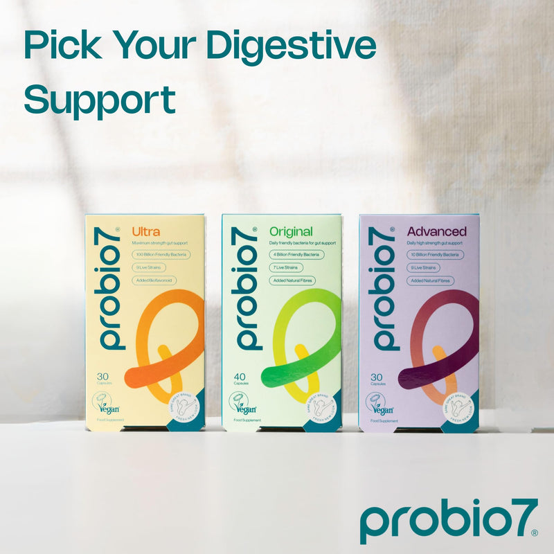 Probio7 Original | Vegan Approved | with 4 Billion CFU, 7 Live Bacterial Strains + 2 Types of Natural Fibre | Digestive Health Supplements, Probiotics for Gut Health