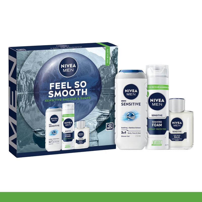 NIVEA MEN Feel So Smooth Skincare Gift Set (3 Products) - Men'sGift Set for Sensitive Skin – Includes Shower Gel, Shaving Foam, and Post Shave Balm