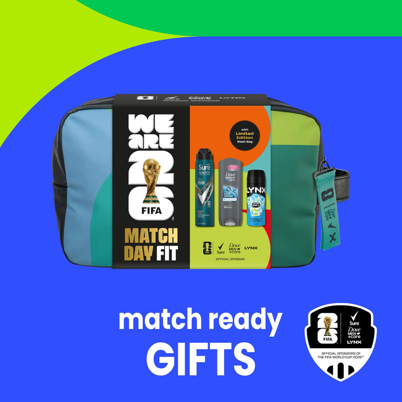 Dove, Lynx, Sure Gift Set Washbag for Him with an advanced anti-perspirant, body wash, body spray & limited edition wash bag Match Day Fit for him 3 piece
