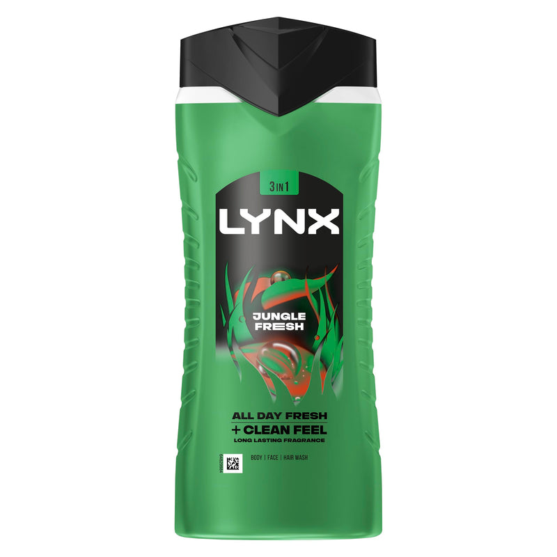 Lynx Jungle Fresh 3-in-1 Body Wash Hair, Face and Body Cleanser shower gel with a palm leaf & amber scent for an all day fresh & clean feel 6x 500 ml