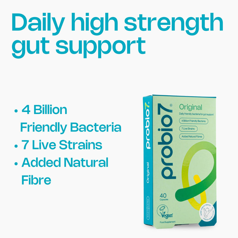 Probio7 Original | Vegan Approved | with 4 Billion CFU, 7 Live Bacterial Strains + 2 Types of Natural Fibre | Digestive Health Supplements, Probiotics for Gut Health