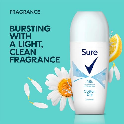 Sure Antiperspirant Roll On Cotton Dry 48H Sweat and Odour Protection Roll On with Fresh, Light and Clean Scent Deodorant for Women, 50ml