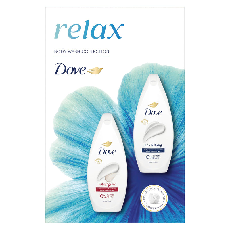 Dove Relax Duo Gift Set Body Wash Collection with a shower puff perfect gifts for her 2 piece