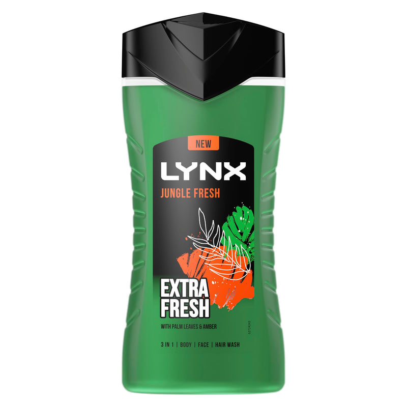 Lynx Jungle Fresh 3-in-1 Body Wash Hair, Face and Body Cleanser shower gel with a palm leaf & amber scent for an all day fresh & clean feel 6x 225 ml