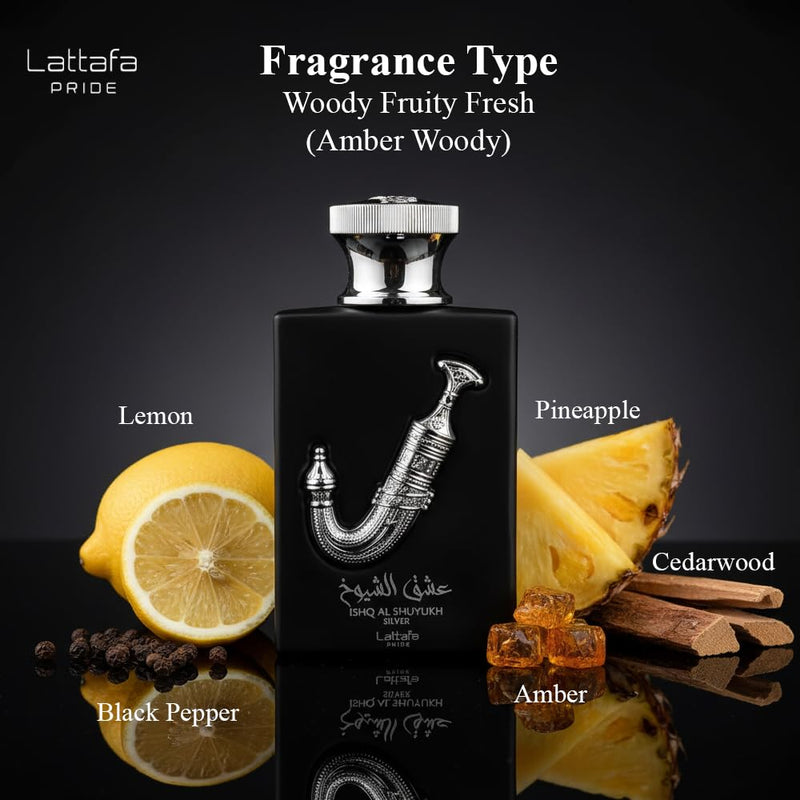 Lattafa Pride Ishq Al Shuyukh Silver Eau de Parfum 100ml Unisex - Long Lasting Fresh Woody Aromatic Perfume with Lemon, Bergamot, Black Pepper, Pineapple, Amber Wood & Cedarwood