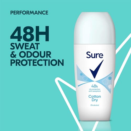 Sure Antiperspirant Roll On Cotton Dry 48H Sweat and Odour Protection Roll On with Fresh, Light and Clean Scent Deodorant for Women, 50ml